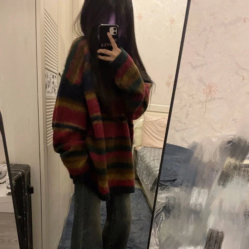 

Американский винтажный свитер в милую полоску, вязаный лоскутный свитер с длинными рукавами, ленивый стиль, модный повседневный пуловер с буквенным узором, женский осенний