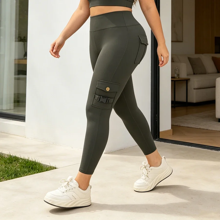 Women Multi Pocket Cargo Leggings High Waist Tummy Control Butt Lifting Workout Pants Stretch Yoga Running Legging