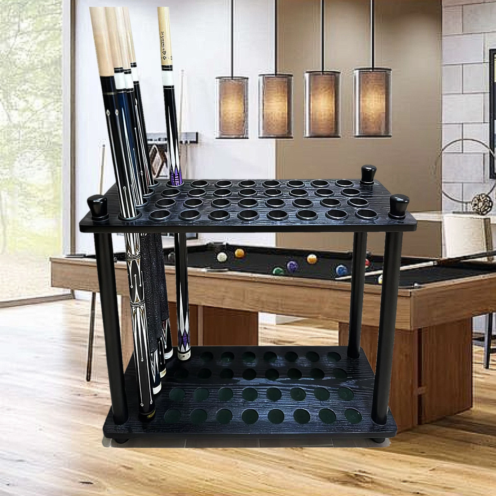 원목 36홀 당구 큐 랙, 각 구멍당 하나씩 큐 보관 랙