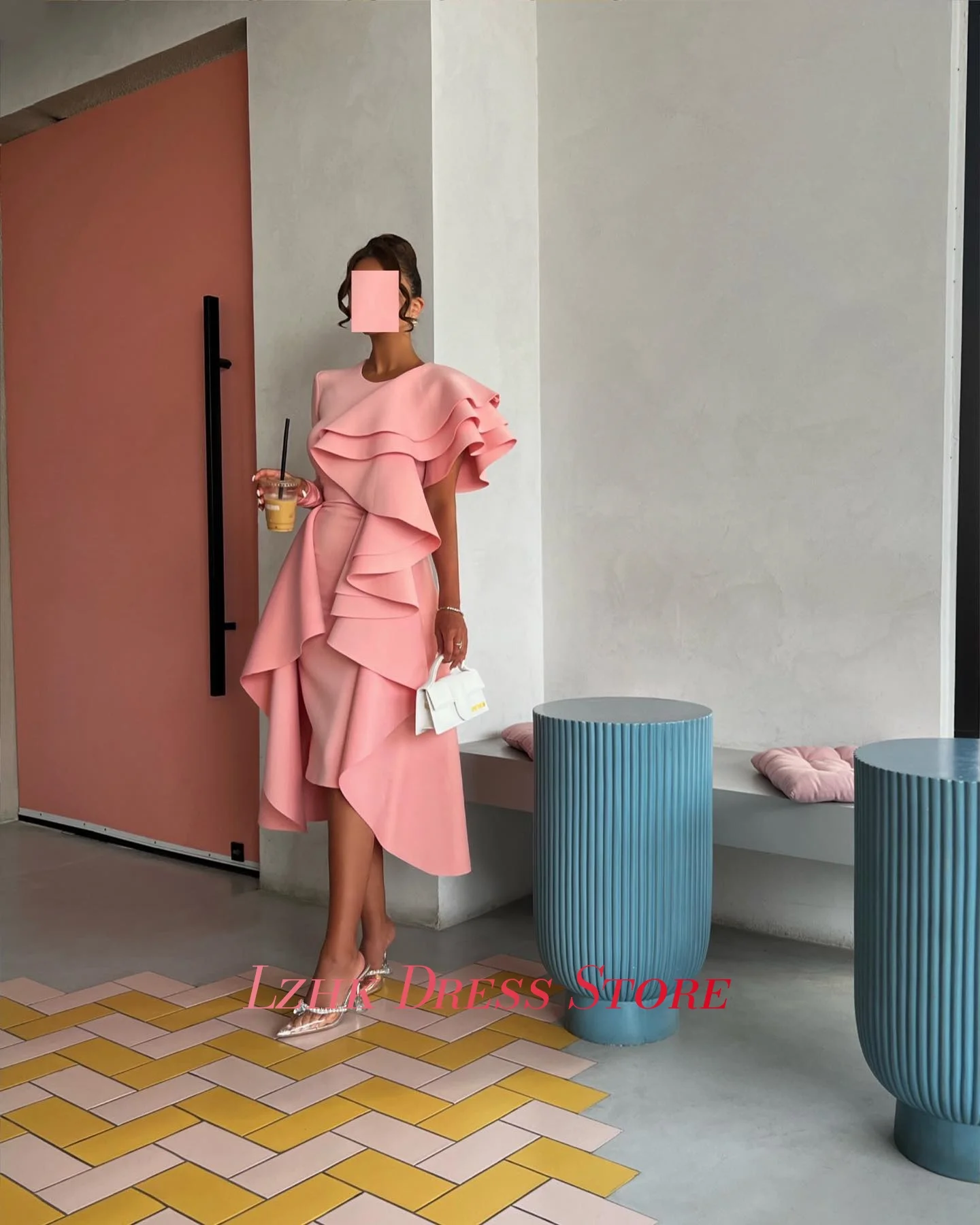 تخصيص أزياء جيرسي الكشكشة المتدرج مساء اللباس مزاجه طويلة الأكمام س الرقبة الشاي طول Fستان Shret نسائي