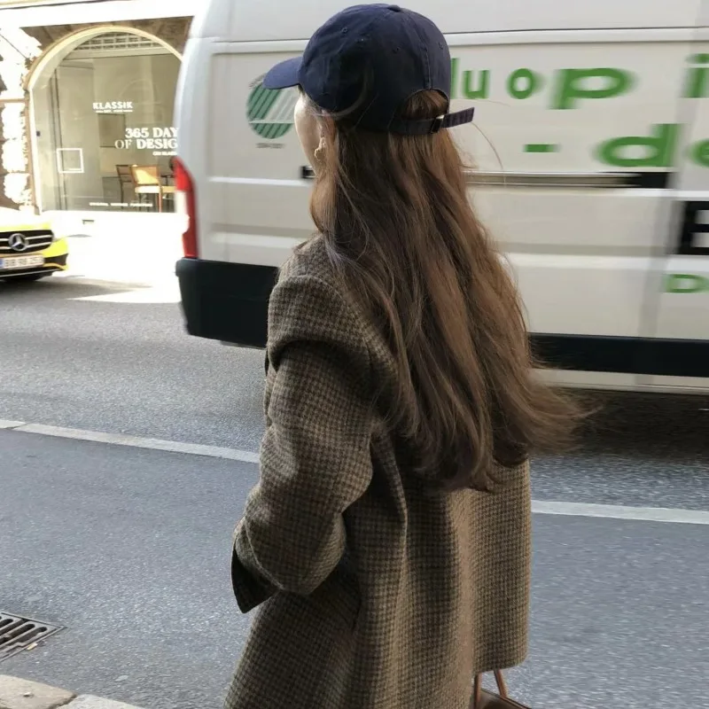 2025 겨울 신상 프렌치 레트로 슈트 칼라 천조무늬 싱글 브레스티드 출퇴근용 울 코트 여성 의류