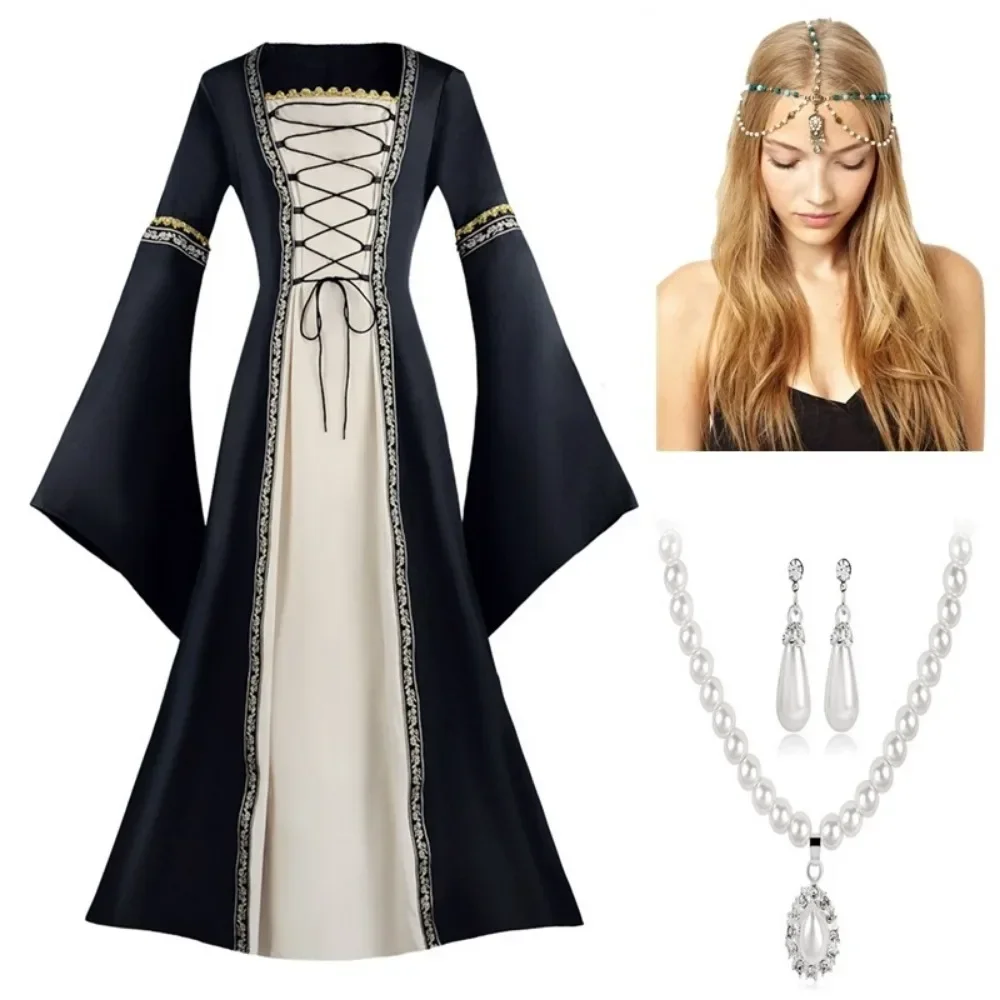 Medieval Vintage Retro Cosplay Costume Victoria Long Sleeve Dress Palace Gown for Women Halloween Carnival Party Clothes