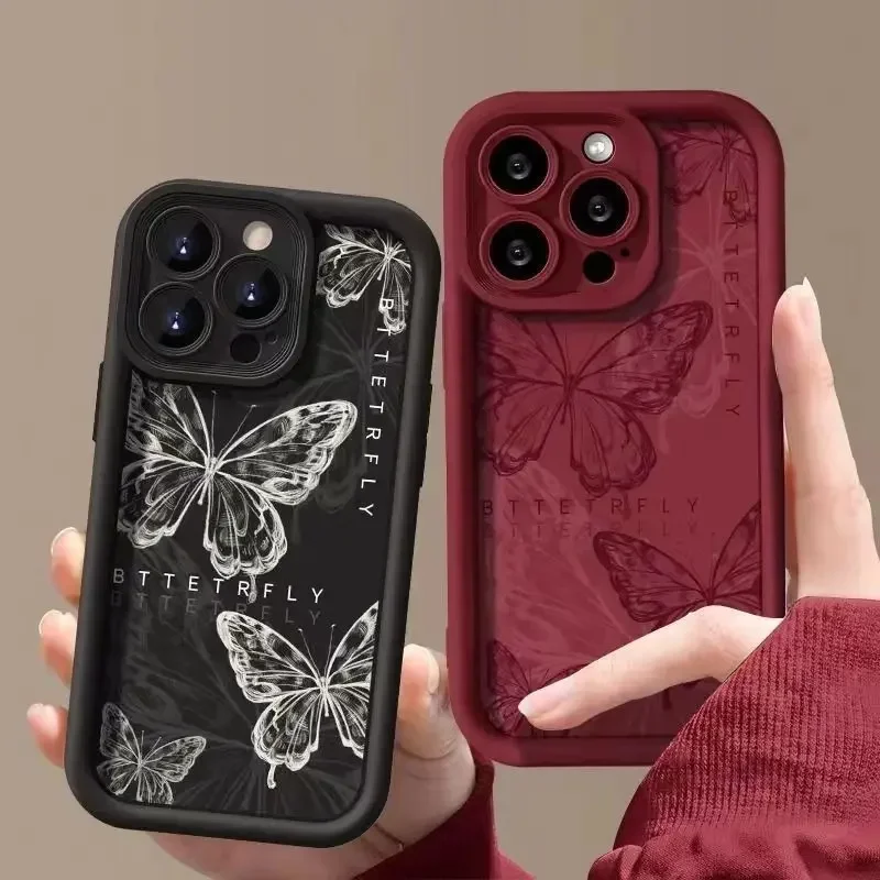 Funda de silicona retro roja con mariposa para parejas para iPhone 11 12 13 14 15ProMax XS XR 7 8 Plus SE20, con protección de lente de cámara 3