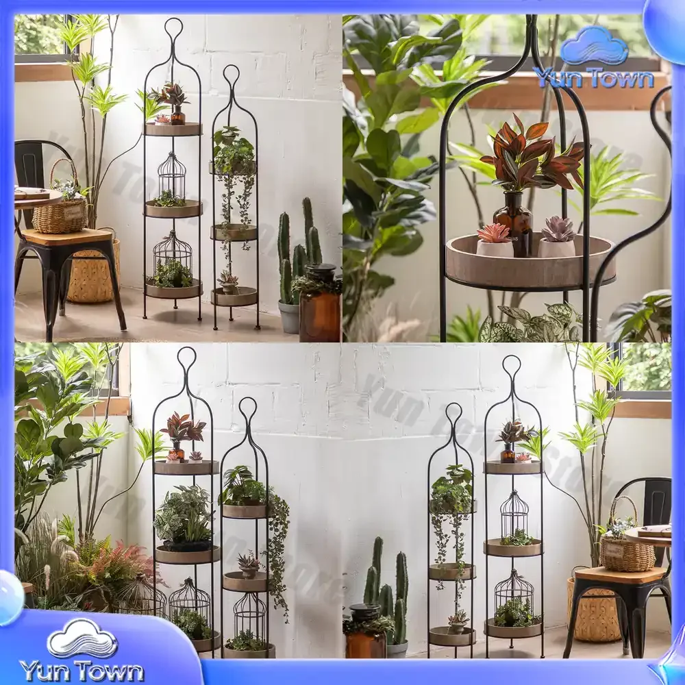 Iron Metal Multi-Tier Shelf for Balcony Vintage Flower Stand for Living Room Rustic Display Rack for Home Decor Storage
