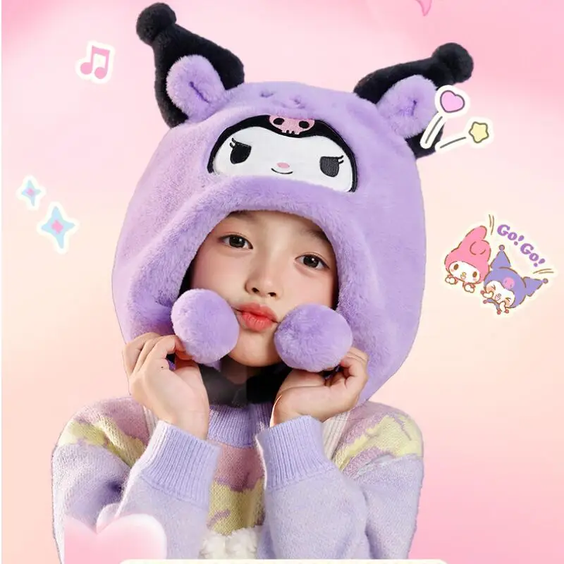 

Шапка с героями мультфильмов Kuromi для девочек Sanrio Cinnamoroll, новая зимняя шапка с защитой ушей в стиле аниме Kawaii, детская модная теплая толстая шапка