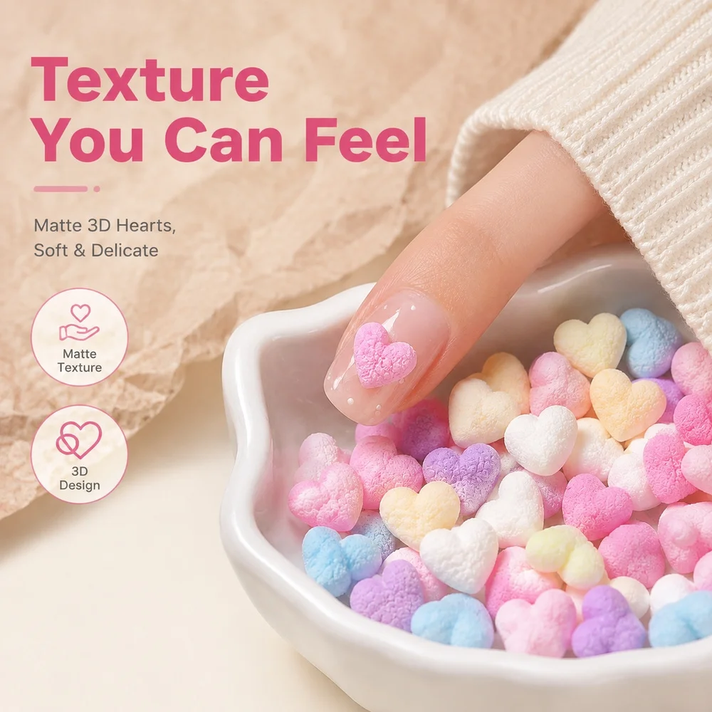 50Pcs Matte 3D Heart Nail Charms Macaron Rainbow Candy Color Mini Love Heart Resin Nail Rhinestones DIY Manicure Decor