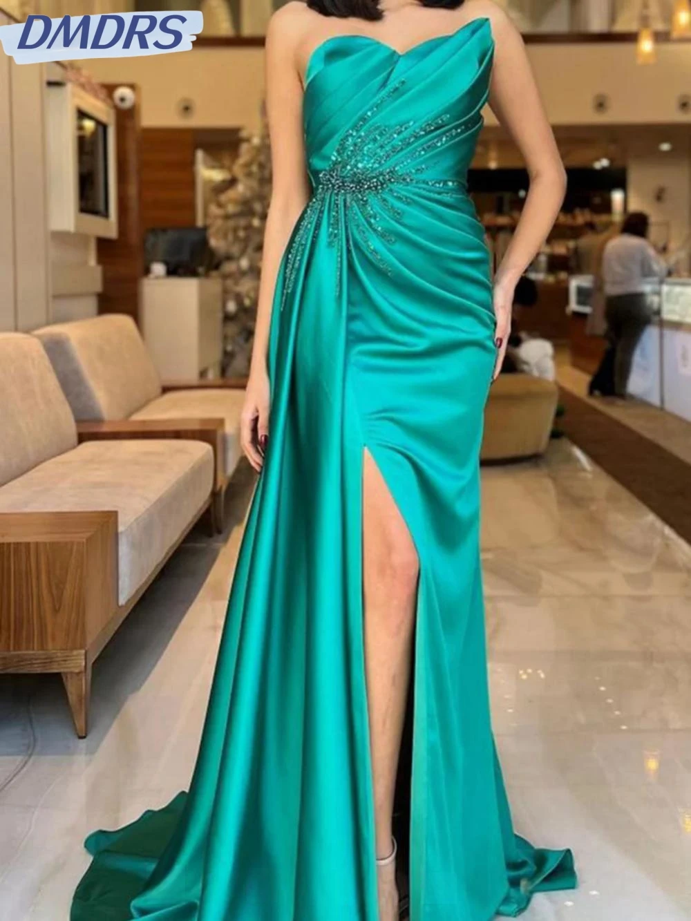 Romantic Sweetheart Neck Prom Dress Sparkly Beadings Cocktail Gown Graceful Satin Pleat Long Evening Dress Robe De Mariée