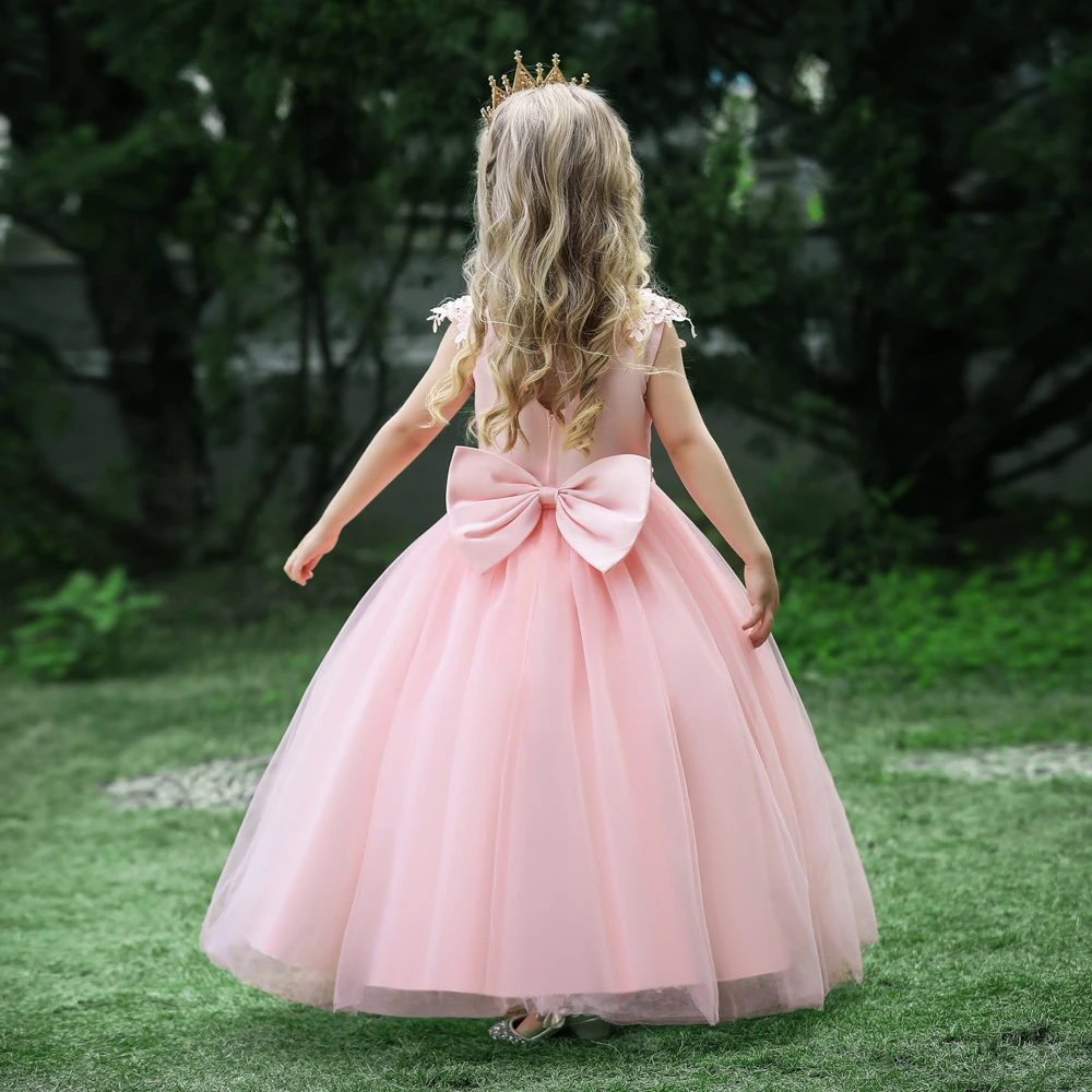 Formal Tulle Flower Bridesmaid Girls Dress Vestido White Wedding Princess Prom Kids Party Dresses For Girls Bow Birthday Costume