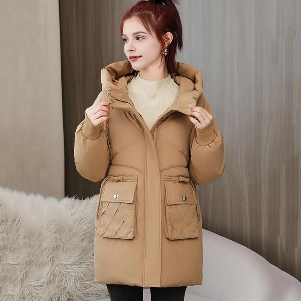 Hooded Jacket Windproof Hooded Down Coat with Pockets Drawstring Closure for Weather Mid Length Heat Retention Outwear Jacket