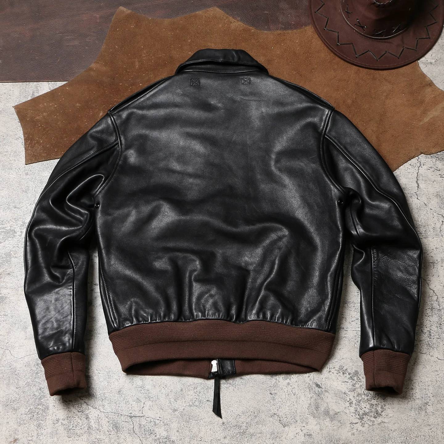 سترة طيار من الجلد الطبيعي للرجال من Tailor Brando McQu*en's Escape A2 مصنوعة من الحبوب الكاملة المشمعة المدبوغة