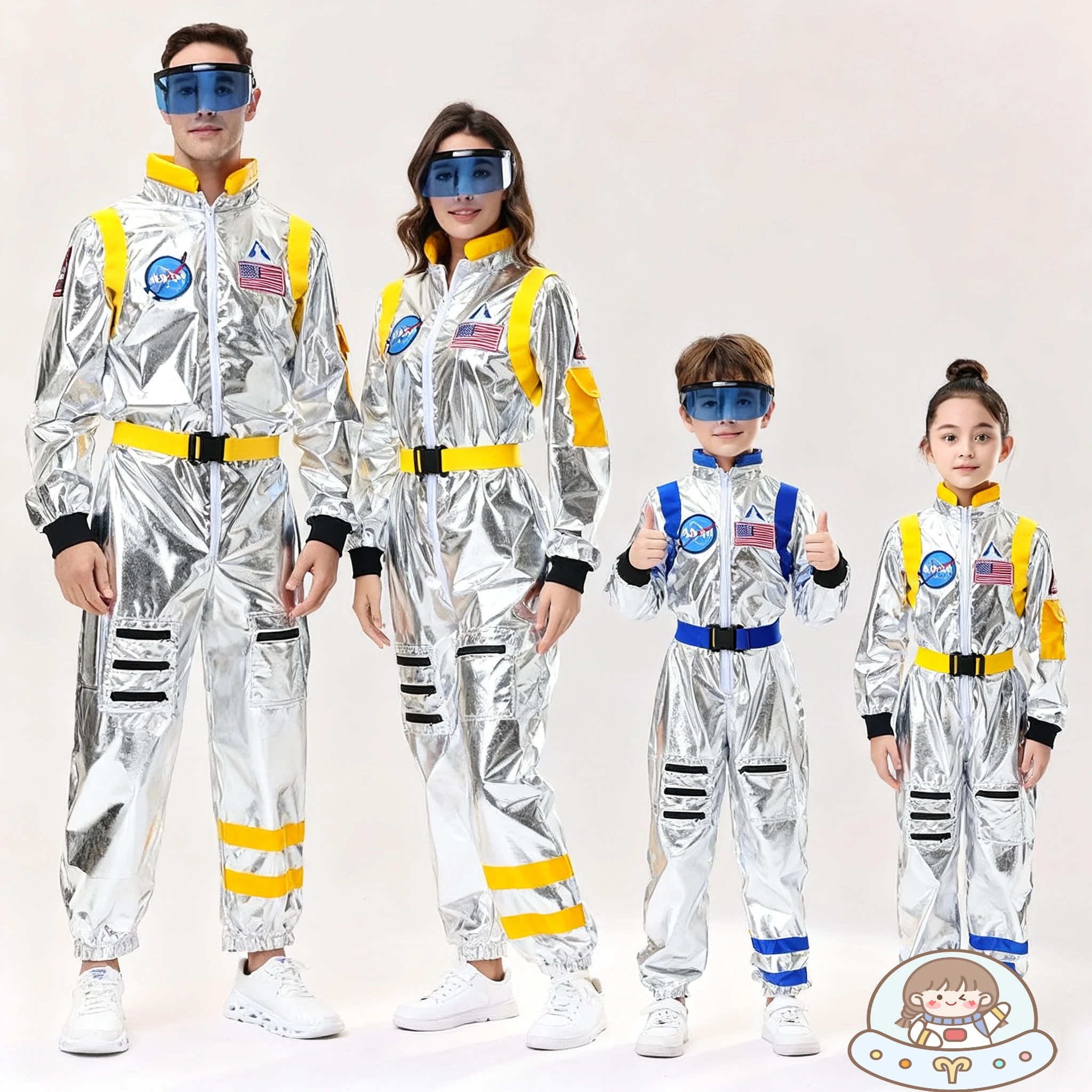 

Unisex Halloween Astronaut Costume Adult Kids Silver Jumpsuit Glasses Space Men Cosplay Family Matching Set Men Boy Women Girl