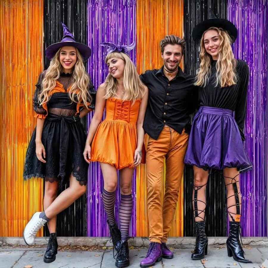 Orangefarbene, violette, schwarze Folienfransen-Vorhänge als Foto-Requisiten für Halloween-Partys, Trick-or-Treat-Partys, Tag der Toten-Partys usw. – Detail 4