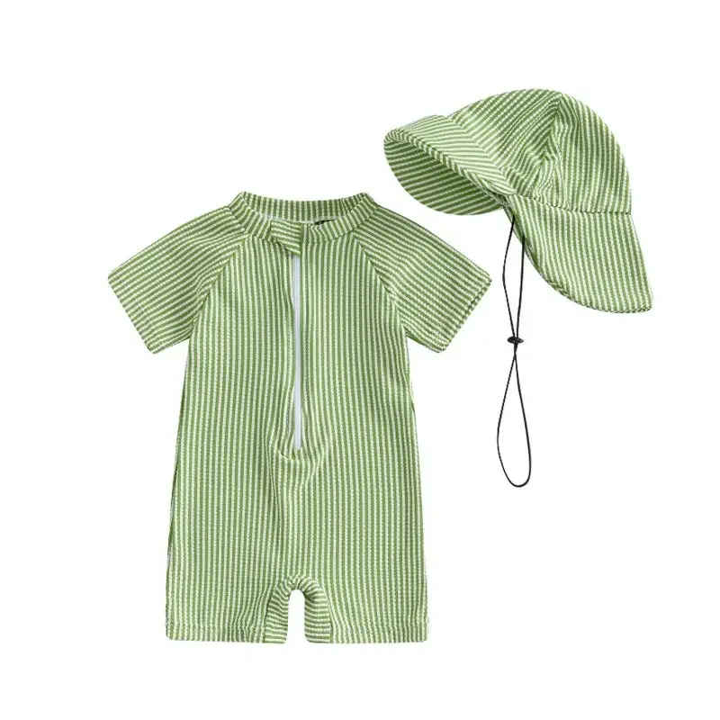 

0-2 Years Toddler Bathing Suit Infant Beach Outfits with Hat Baby Boy Girl Short Sleeve Swimsuit Rash Guard Zipper Swimwear