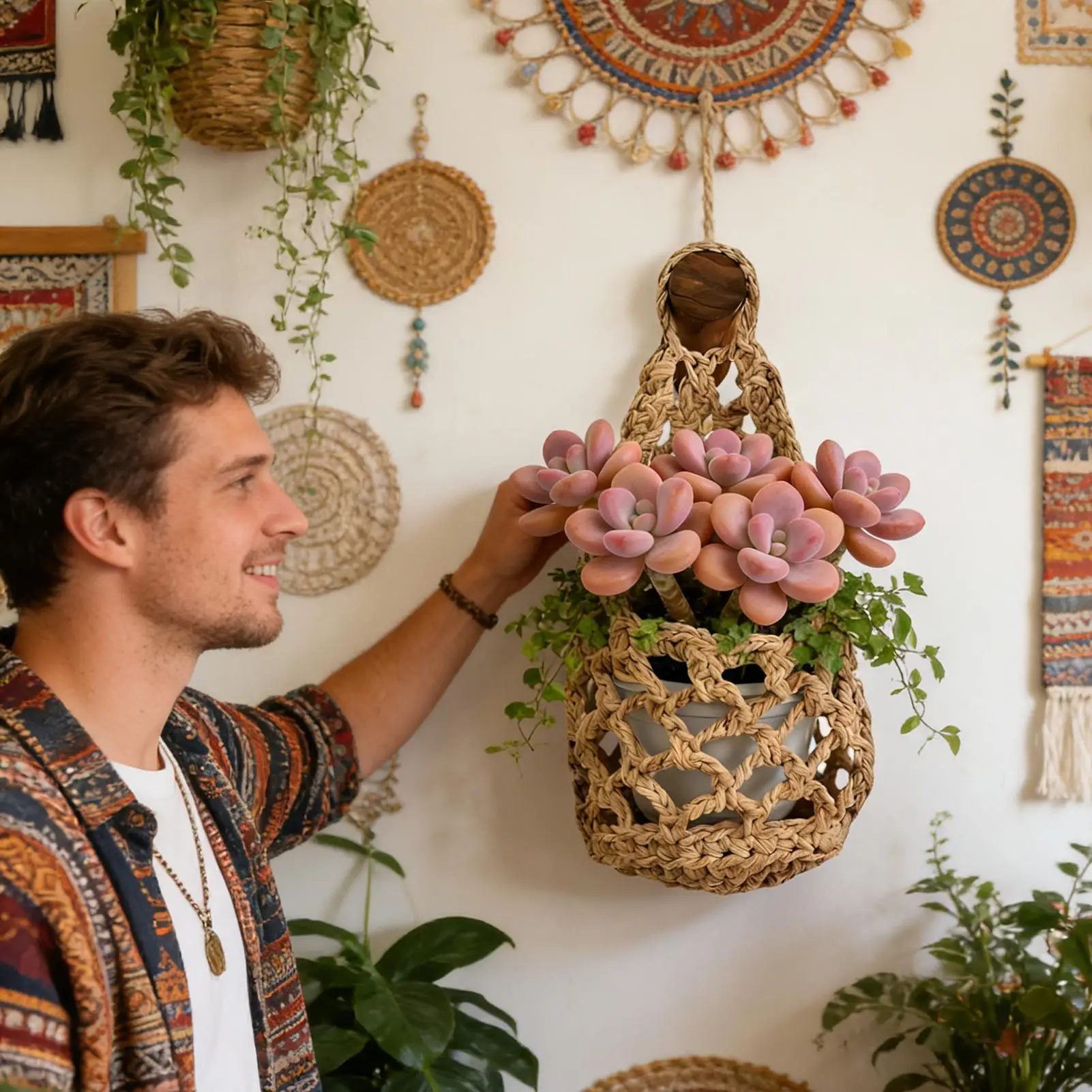 Boho Macrame Plant HangerBasket for Succulents Cotton Rope Woven Hanging Basket with Net Pouch Home Decoration Organizer ﻿