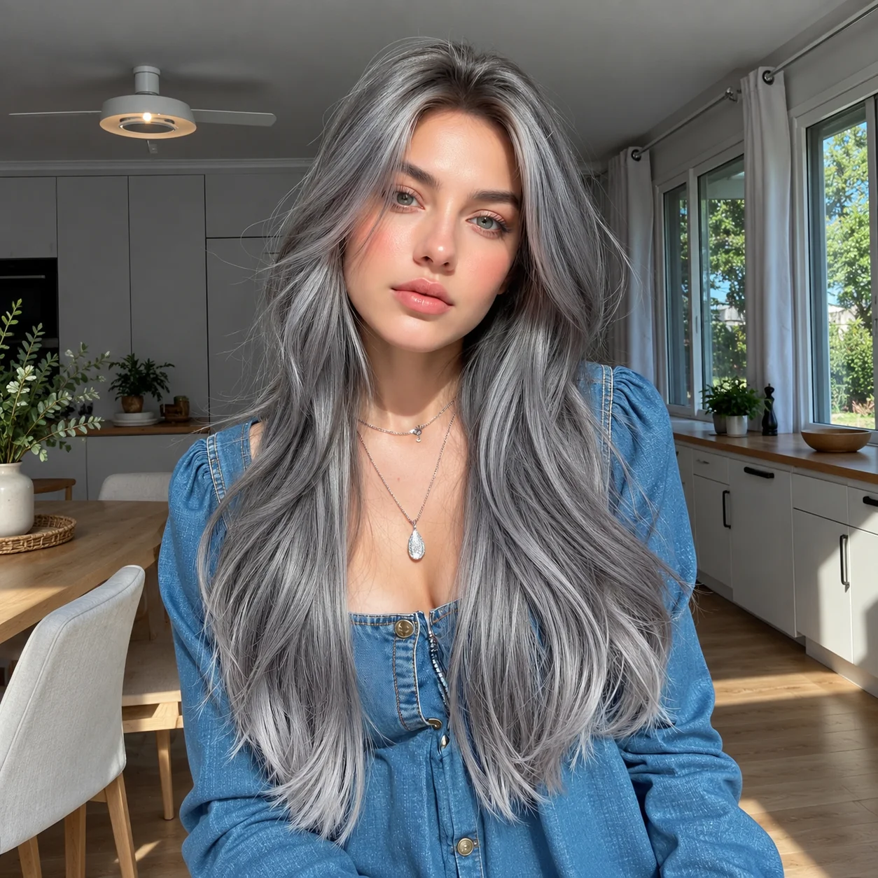 24 inches Long Natural Wave Wig with Curtain Bangs Silver Grey Layered Synthetic Wig for Woman Heat Resistant Fiber Curly Salt and Pepper Wig Suitable for Cosplay Halloween and Christmas Fashion Style Top Quality Wig