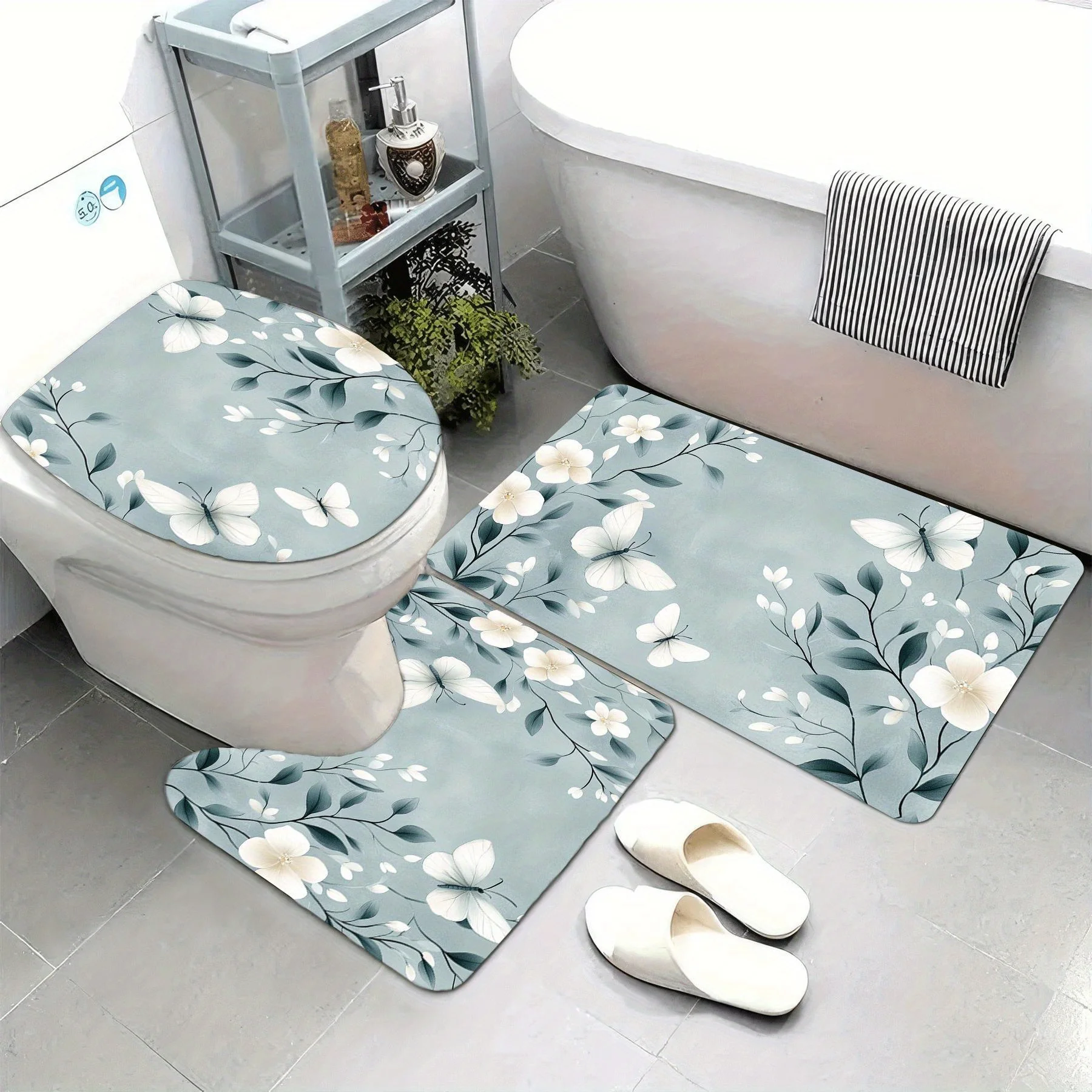 

3 шт. Голубой набор для ванной комнаты с цветочным принтом и бабочкой, U-образный коврик, нескользящий коврик, чехол на сиденье унитаза, подходит для ванной комнаты