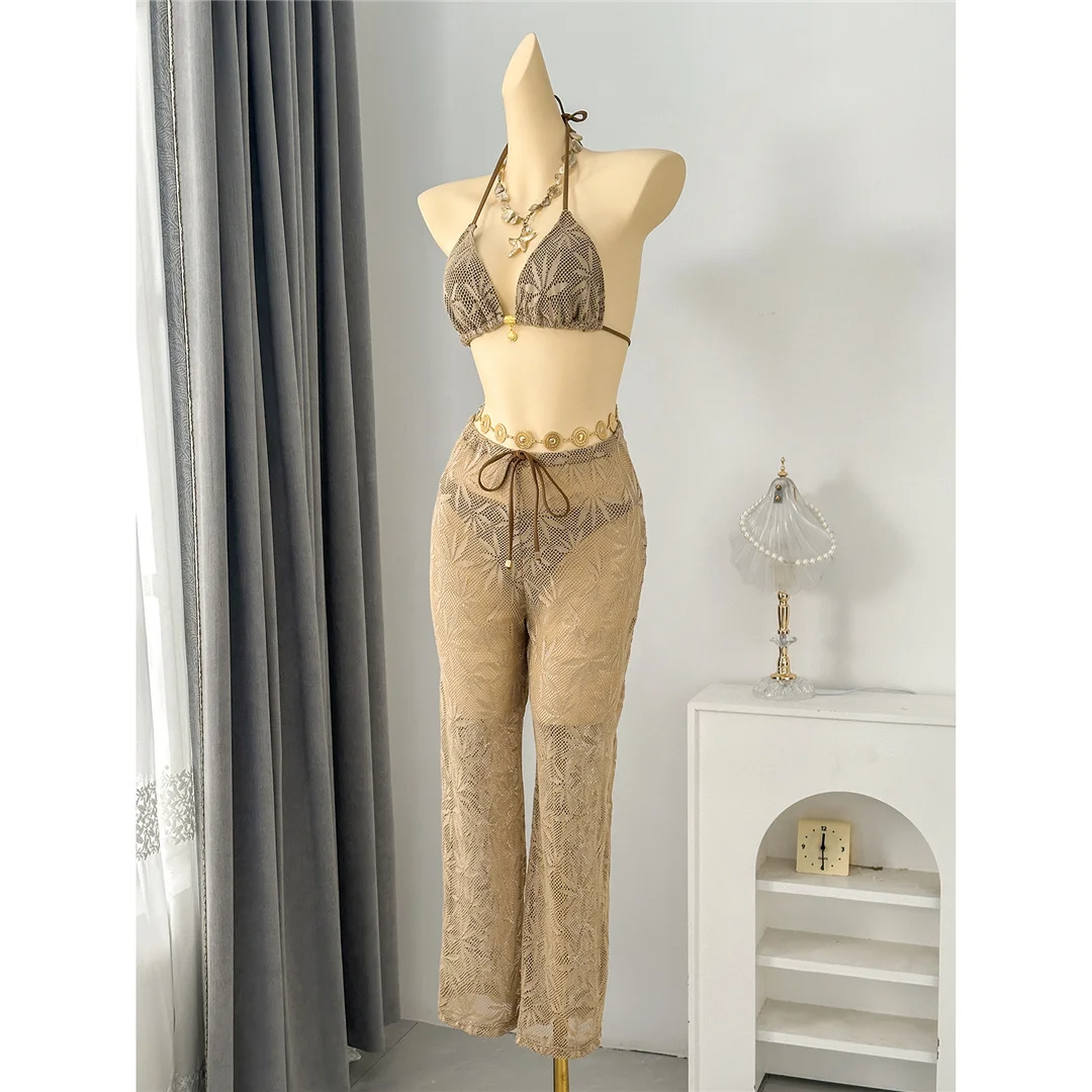 Mit Hosen, Blättern und Halterneck-Bikini, Damen-Badeanzug, dreiteiliges Bikini-Set, Badebekleidung, Badeanzug, Schwimmanzug V8164 – Detail 3