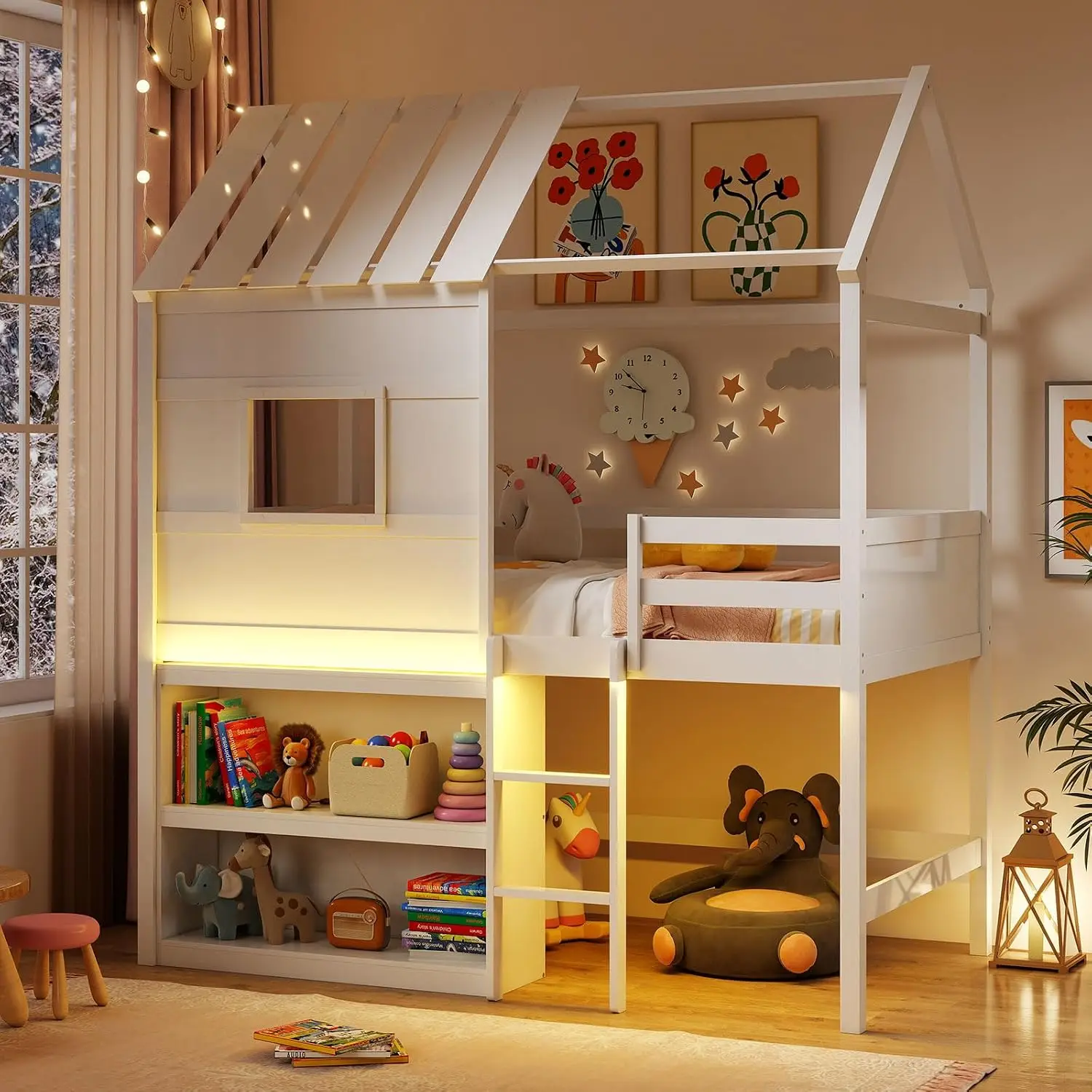 Twin Size House Loft Bed, Low Loft Bed with Roof, Window, LED Lights & Storage Bookshelf, Solid Wood Bedframe w/Ladder, Safet