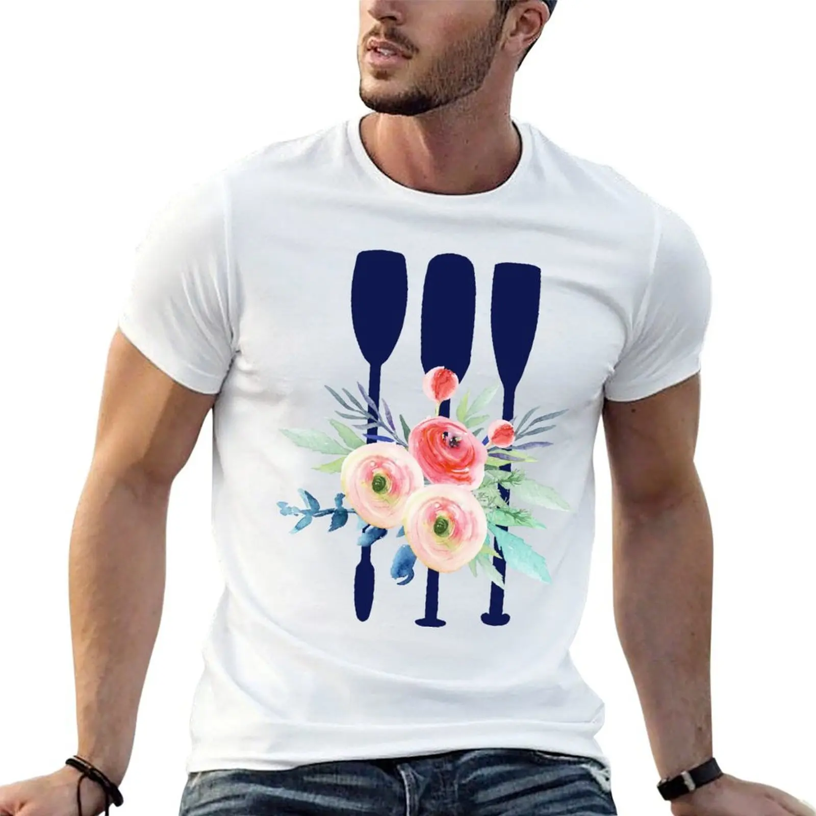 

Watercolor flowers and rowing oars T-Shirt cotton t shirt pack t shirts for man cotton soft T-Shirt