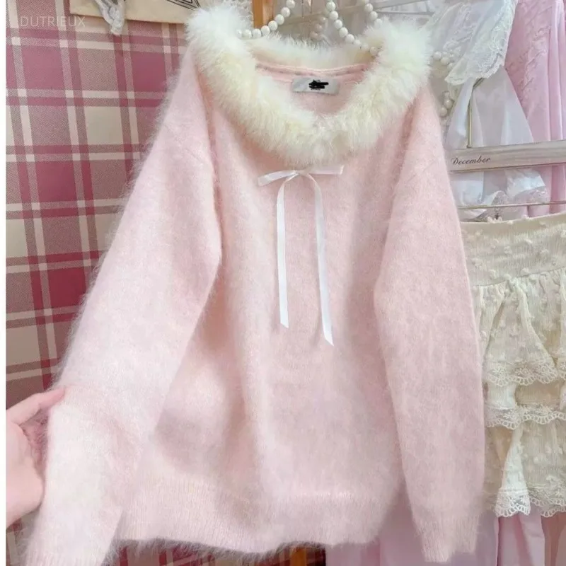 Korean Sweet Pink Sweaters Women Elegant Off Shoulder Cute Kawaii Shirts Female Long Sleeves White Casual Pullovers Winter 2025