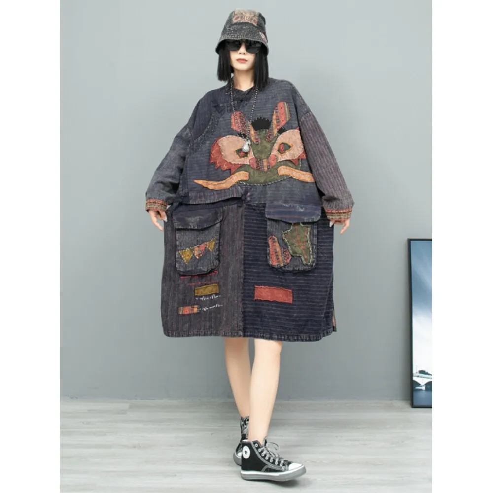 Diagonal Buckle Old Fabric Splicing Knee Length Dress Hand Embroidered Large Pocket Long Sleeved Robe Women Autumn LX2072