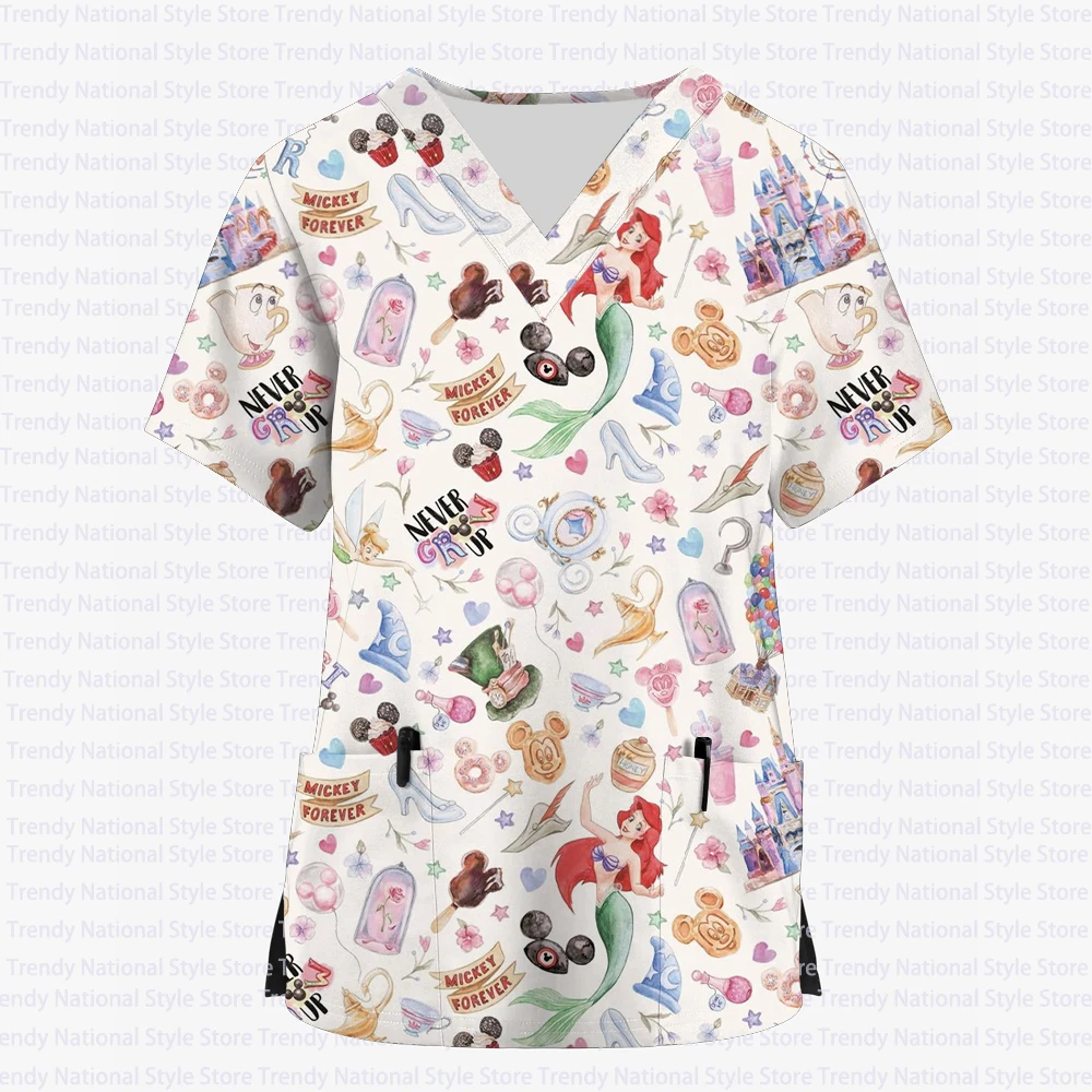 Summer New Women's Uniform Disney Princess V-neck Short-sleeved Frosted Top Printed Nurse Dental Beauty Salon Women's T-shirt