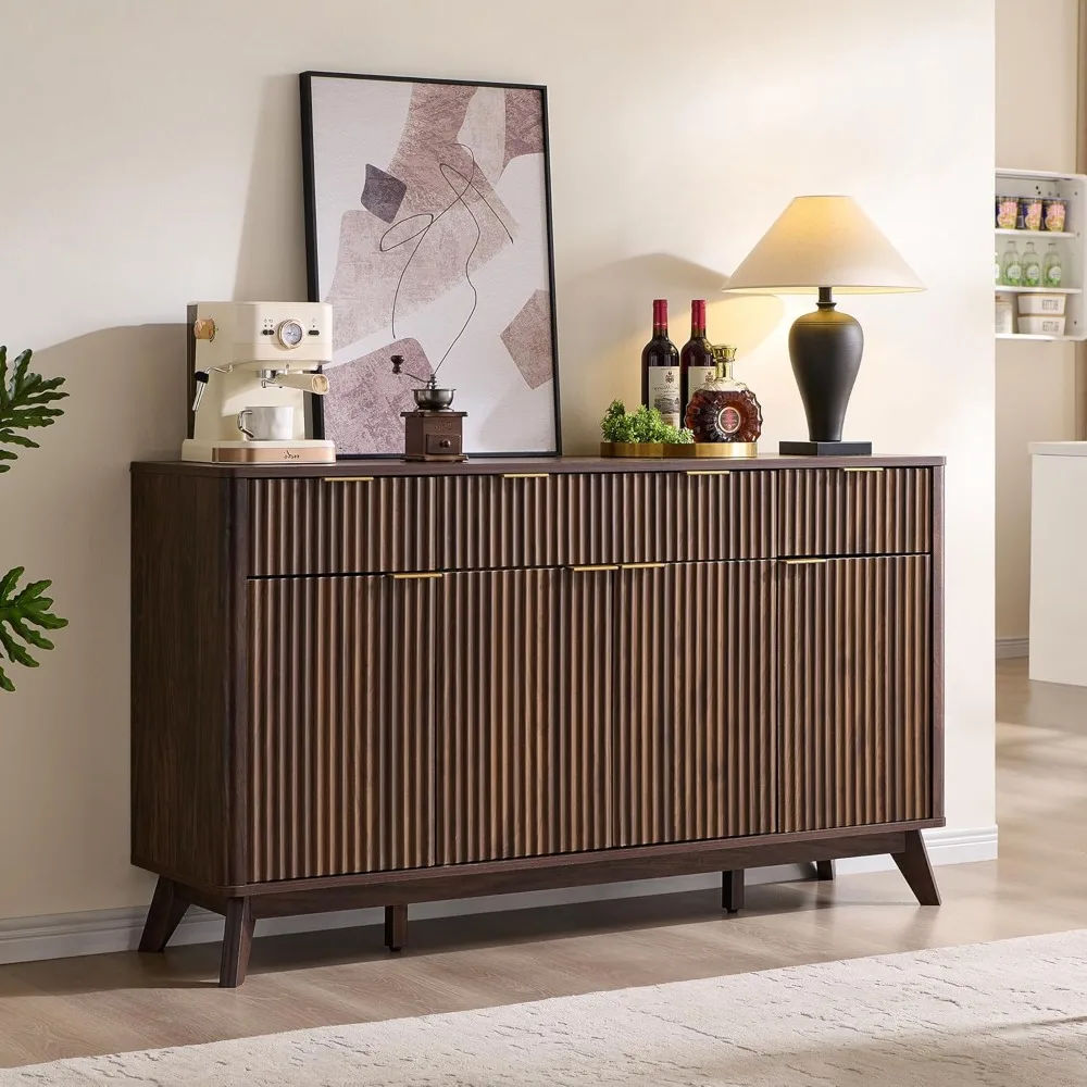 

Fluted Storage Cabinet with Drawers, 60" Morden Buffet Sideboard Coffee Bar Cabinet with 4 Doors and 3 Drawers for Dining Room,