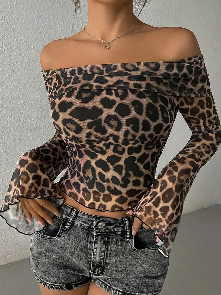 T-shirt da donna autunno nuovo streetwear moda maniche lunghe o-collo magliette sexy leopardo backless femminile versatile abbigliamento lavorato a maglia