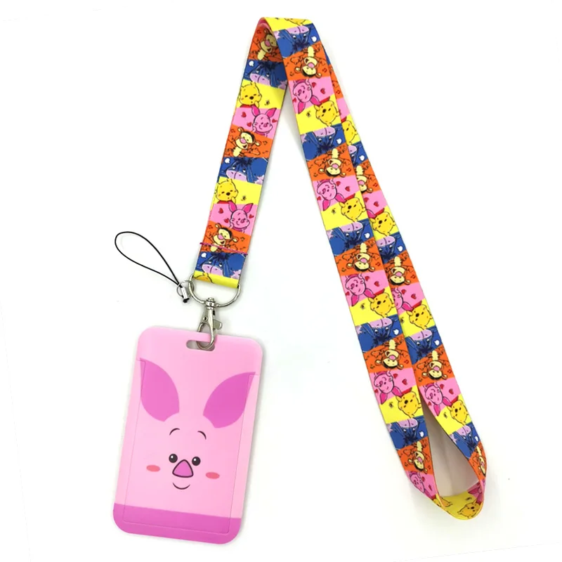 Winnie Bear Pink Pig Anime Lanyard Badge Holder ID Card Lanyards Mobile Phone Rope Key Lanyard Neck Straps Keychain Key Ring