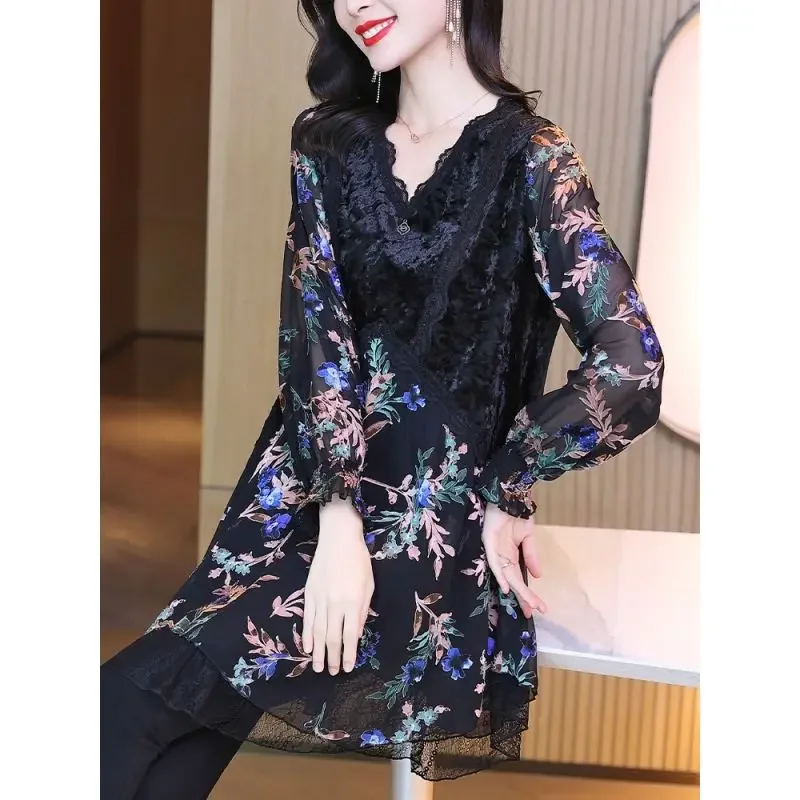 

Chiffon Patchwork Printing Gauze V-neck Asymmetrical Puff Sleeve Casual T-Shirts Fashion Women's Clothing Spring Summer L280