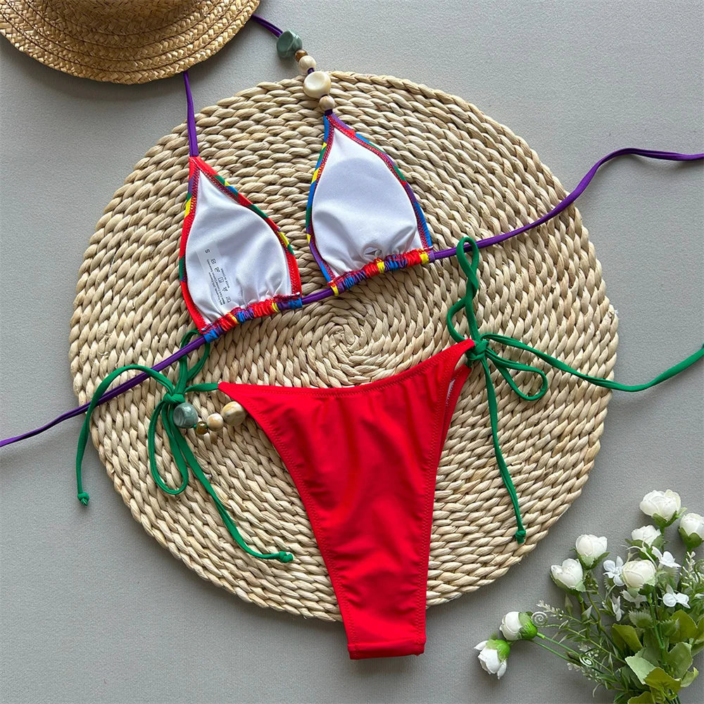 الفقرة برايا مثير الرسن مجموعة البكيني مع حبة غير النظامية 2025 مخطط ملابس النساء البرازيلي ملابس السباحة Biquini مثير ثوب السباحة