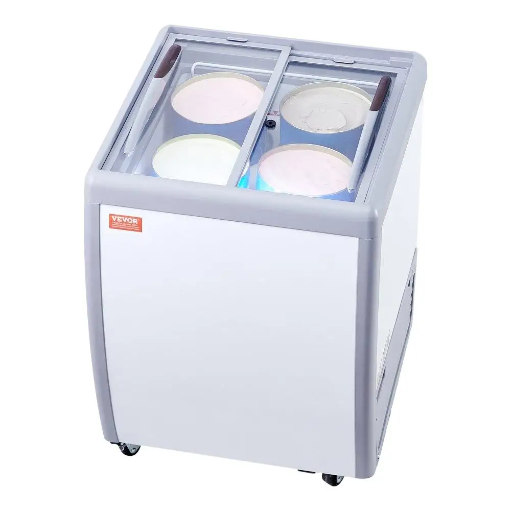 

Commercial Ice Cream Display Chest Freezer 5.6 Cu.ft Mobile Glass Top Deep Freezer Gelato Dipping Cabinet with 4 Large Tubs 2