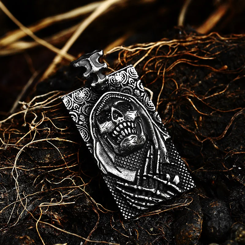 Beier Stainless Steel Grim Reaper Death Scythe Geometric Square skull Pendant Pendant Chain Necklace men Jewelry BP8-532