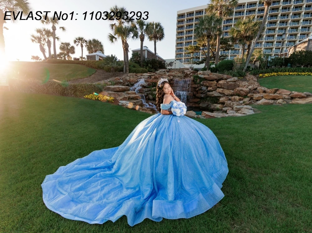 EVLAST Maßgeschneidertes glänzendes himmelblaues Ballkleid-Quinceanera-Kleid mit glitzernden Applikationen und Perlen, Kristall, Sweet 16, Vestidos de 15 Anos E1Q916