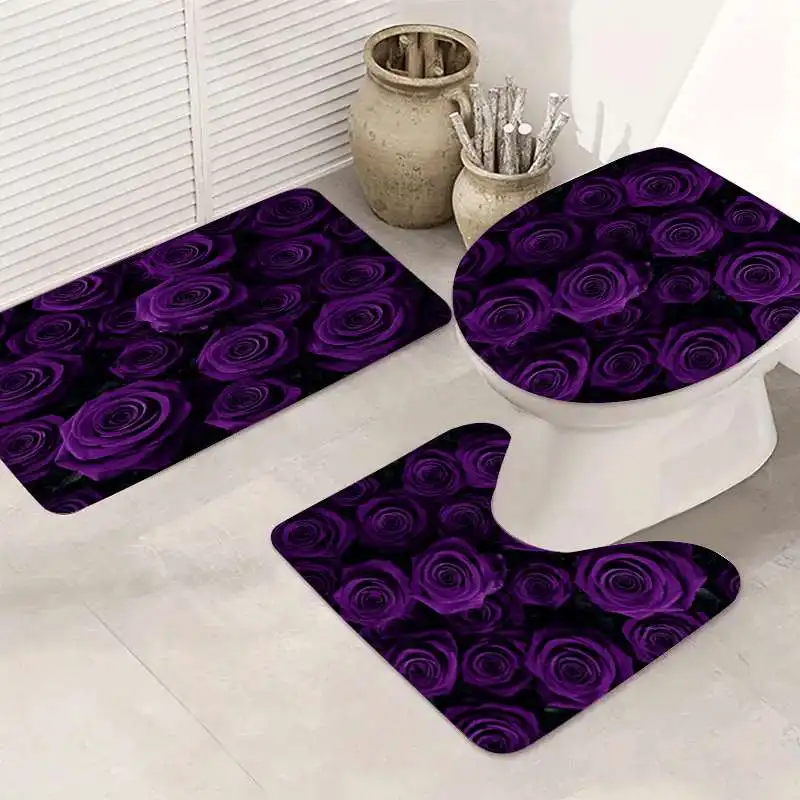 

Набор из 3-х ковриков для ванной комнаты: фиолетовые розы, черный цветочный узор, нескользящий мягкий коврик для туалета и ванной, покрытие для унитаза