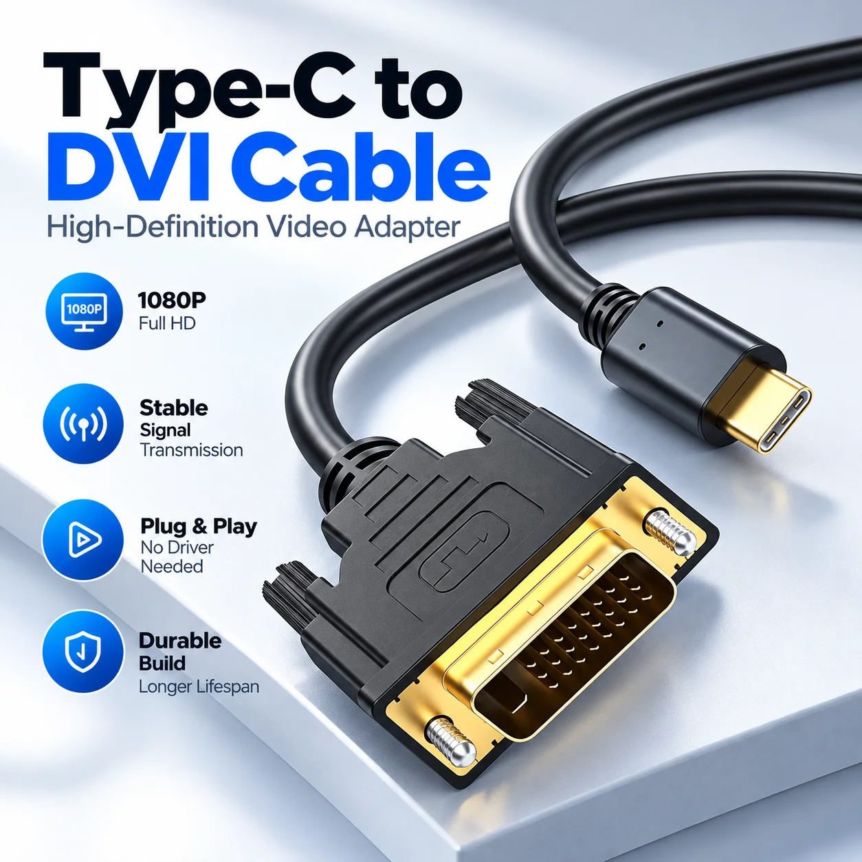DOONJIEY USB C to DVI Cable 1080P Mirroring Type-C Converter PC Laptop Tablet Phone to TV Monitor Projector