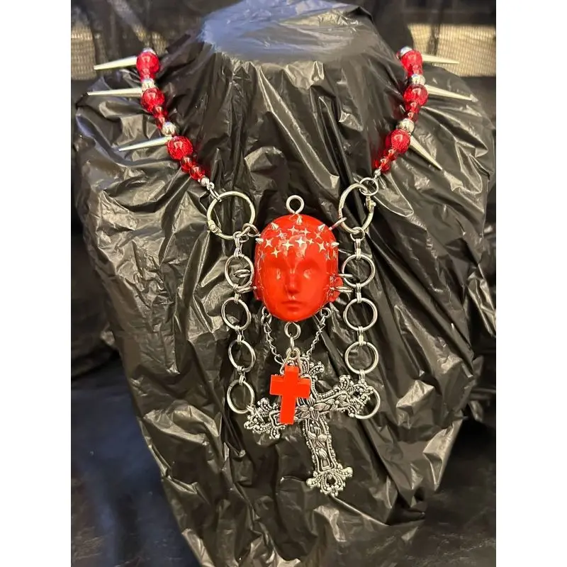 2025 New Punk Necklace Leather Choker Cross Metal Chain Rivet Human Face Dark Trendy Cool Neck Accessories for Women Men Jewelry