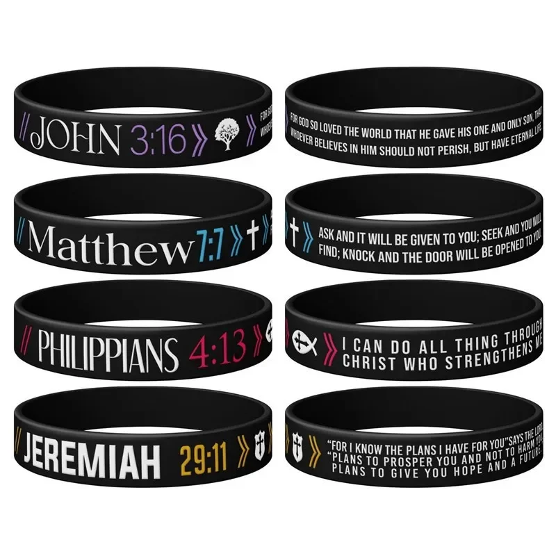 1 Pcs Christian Bible Verse Philippians 4:13 Jeremiah 29:11 John 3:16 Matthew 7:7 Silicone Wristband Rubber Cuff Bracelets