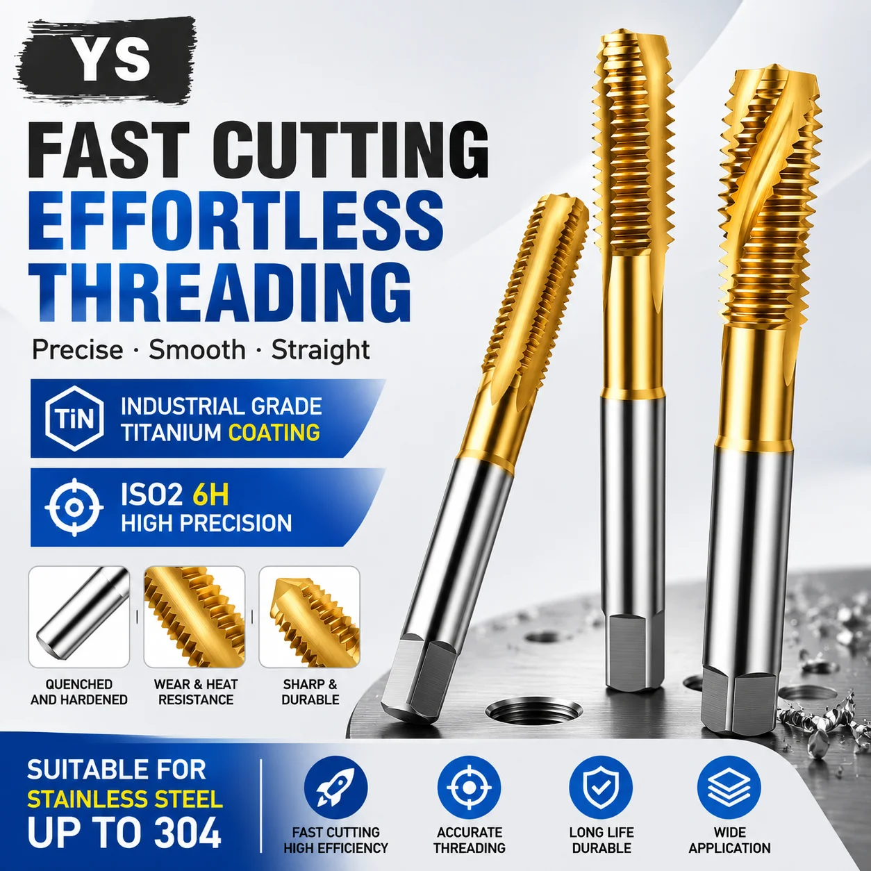 

YS High Quality Machine Titanium Plated HSS 6542 Tip Tap Straight Groove Tap Screw Tip Tap M3/4 M5 M6 M8 M10 Silk Tapping Tool