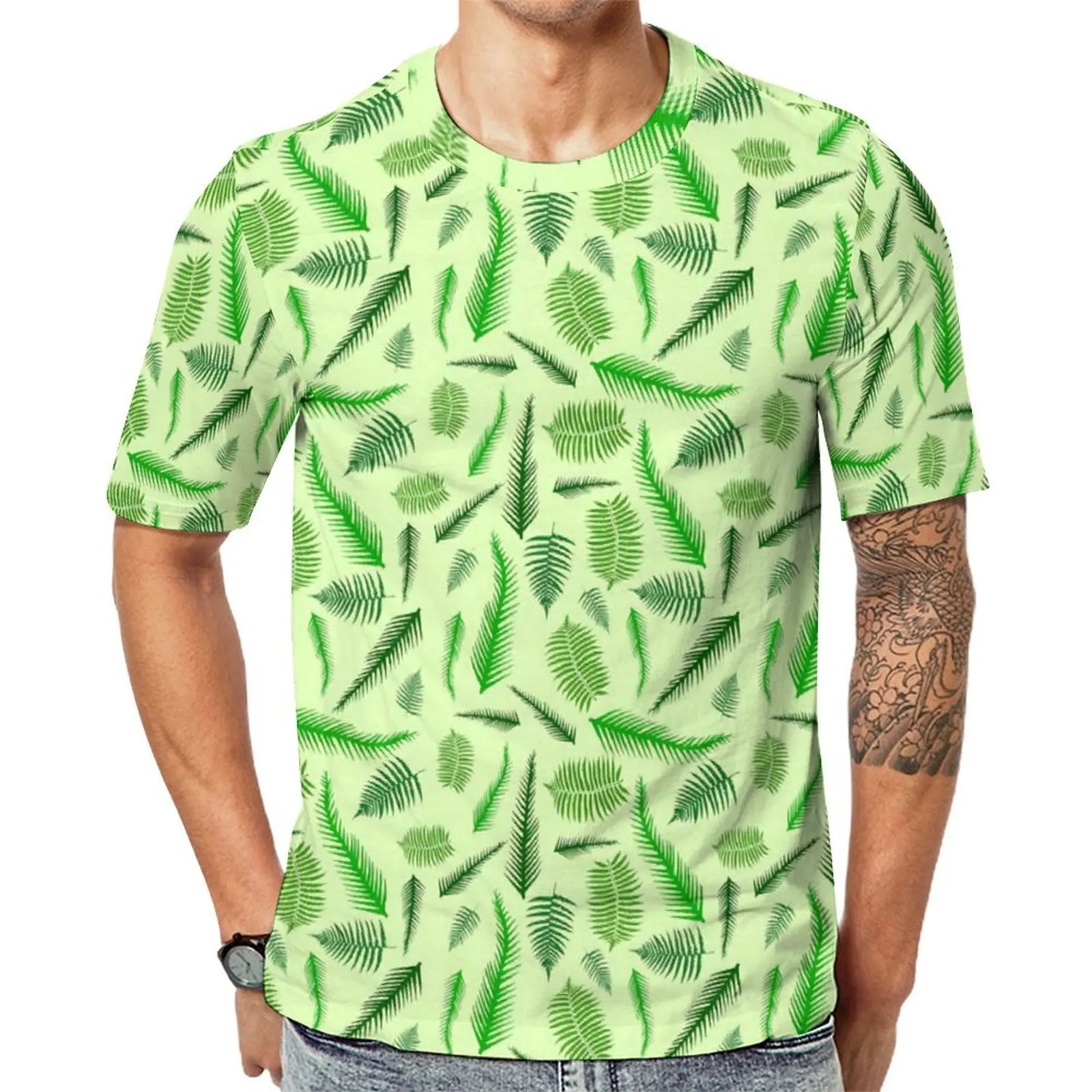 Fern Plants T Shirt Green Leaves Print Retro T Shirts Man Y2K Casual Tee Shirt Summer Short-Sleeve Pattern Tees 4XL 5XL 6XL