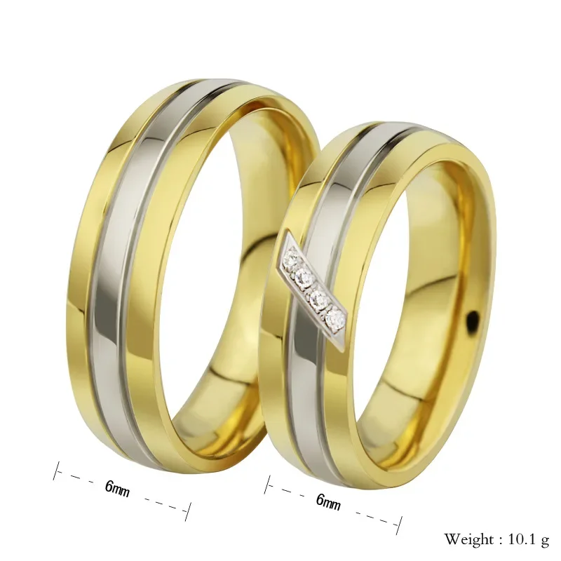 Gold Silver Color Stainless Steel Ring Cubic Zirconia Couple Wedding Ring Fashion Engagement Jewelry Quality Gift for Women Men