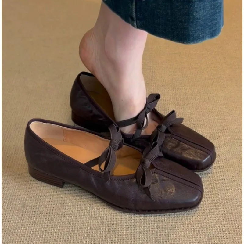 

Весенне-осенние модные женские балетки из мягкой кожи, балетки Мэри Джейн с бантом, женские черные лоферы без шнуровки на низком каблуке
