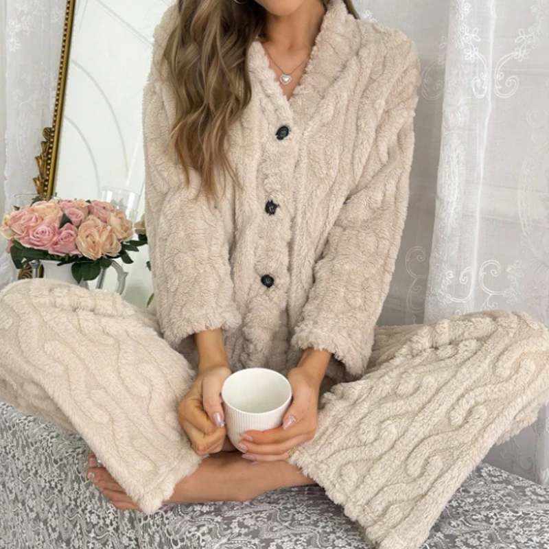 Women's Warm Flannel Pajama Set Long-Sleeve V-Neck Contrast Buttons Top And Elastic Pants Loose Relaxed Fit Winter Sleepwear Pjs