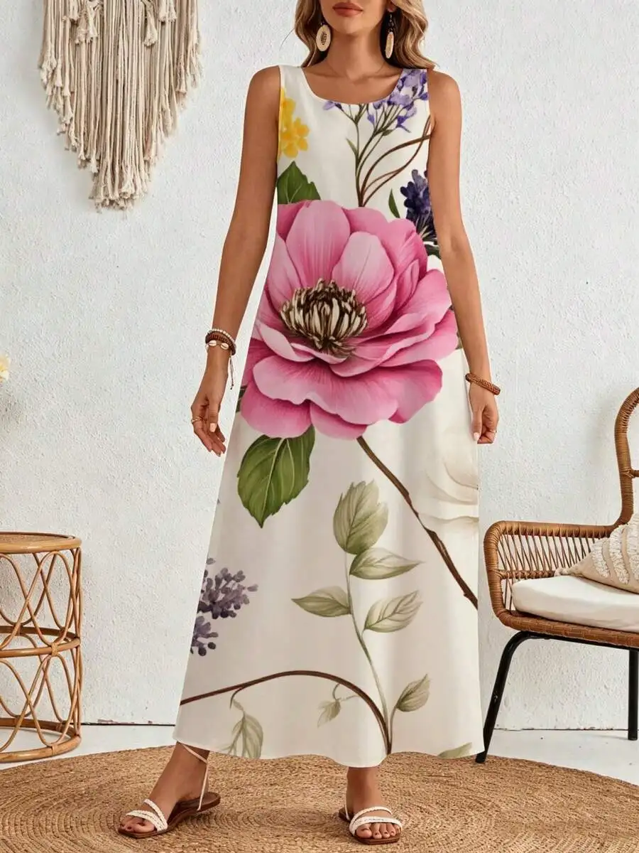 

Floral Print Sleeveless Maxi Dress Cream Pink Rose Purple Bohemian Summer Beach Vacation Wear
