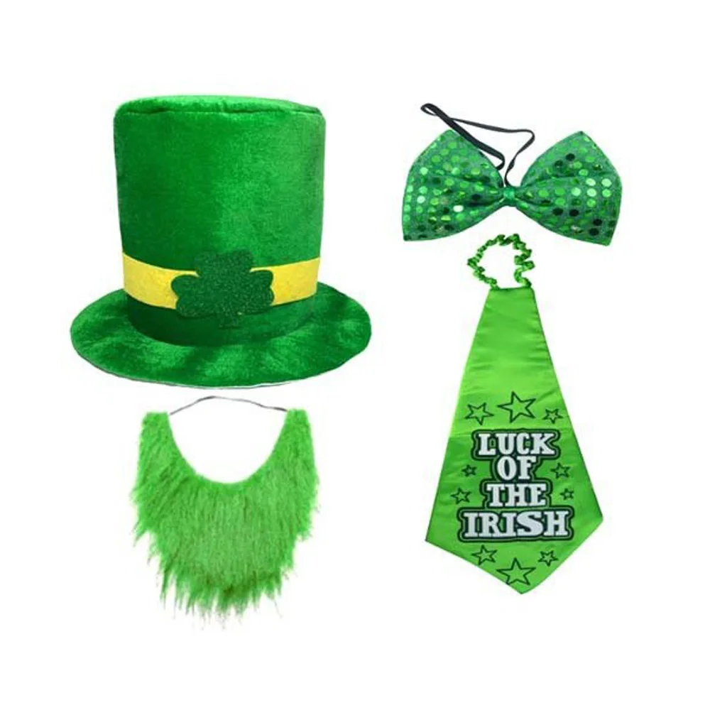 Dzień Świętego Patryka Zielony Kapelusz Krawat Broda Cosplay Irlandzki Festiwal Koniczyna Cylinder Garnitur Karnawał Halloween Party Kostium Rekwizyty