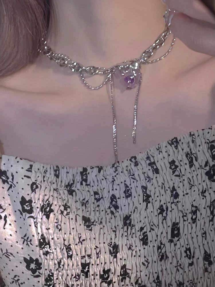 

Sweet Cool Girl Purple Heart Zircon Necklace Light Luxury Skin Whitening Delicate Clavicle Chain Women's Jewelry