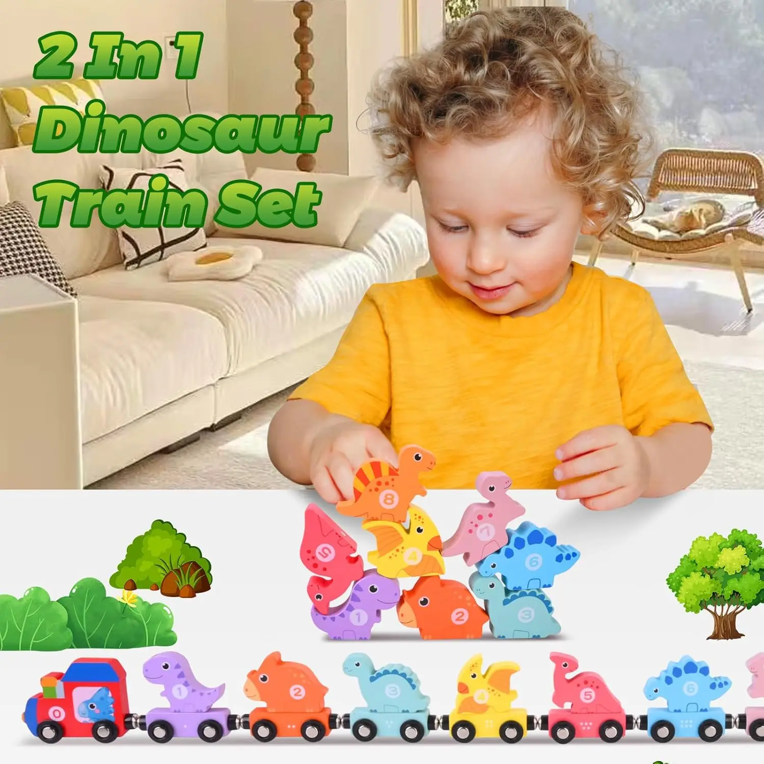 Dinosaur Toys for Kids 3-5, 21PC Magnetic Wooden Train, Dinosaur Stacking Blocks Toys, Match Number & Color, Toddler Montessori