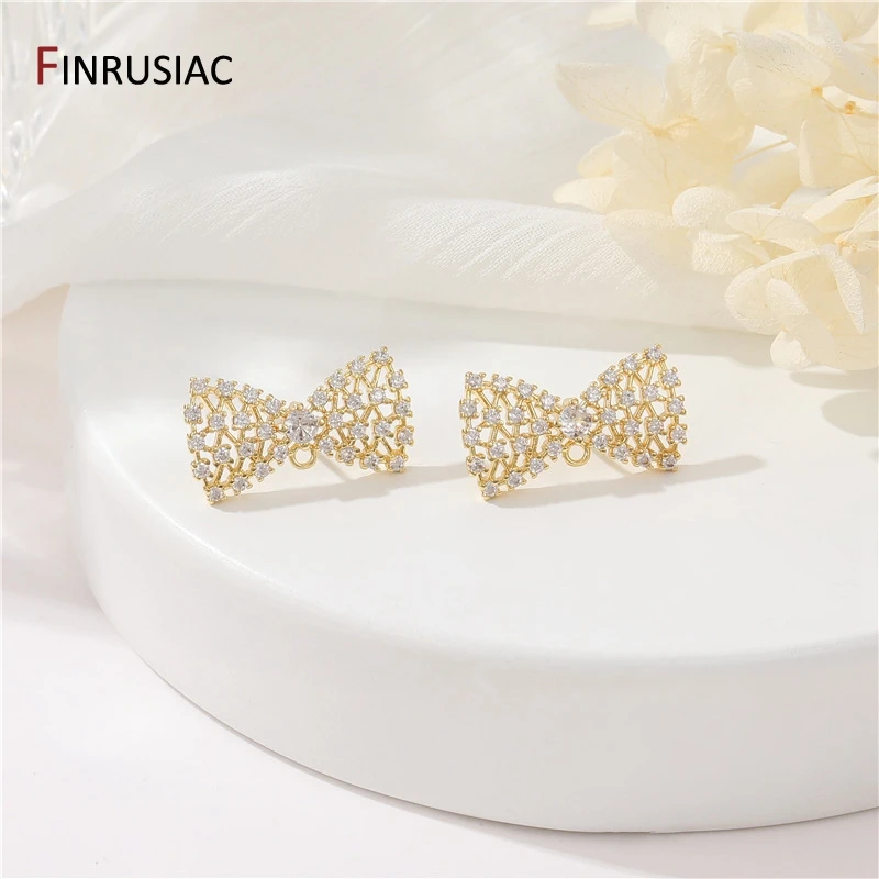 14K Gold Plated Brass Zircon Bowknot Stud Earrings Posts With Loop For Jewelry Making Accessories Women Earring Findings