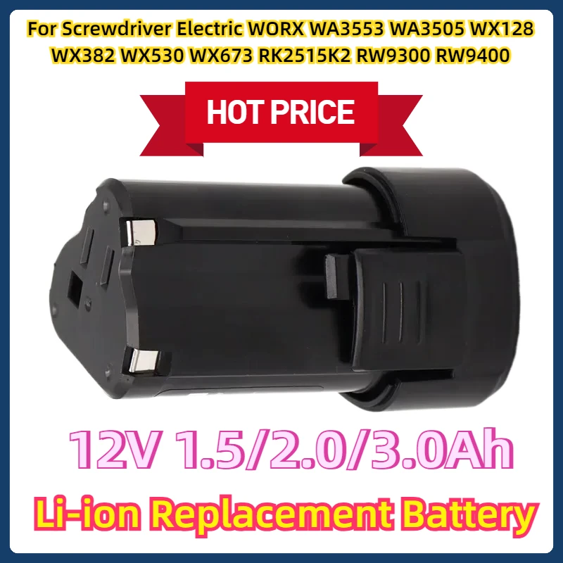 For Screwdriver Electric WORX WA3553 WA3505 WX128 WX382 WX530 WX673 RK2515K2 RW9300 RW9400 12V Li-ion Replacement Battery WA3503