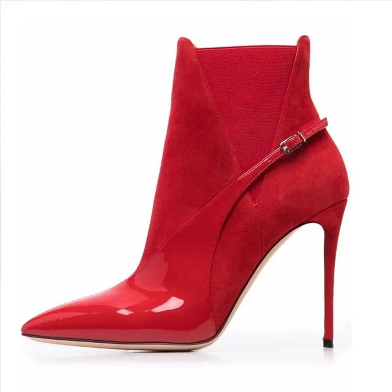 

Single Buckle Strap Red Ankle Boots Suede Leather Patchwork Pointed Toe Thin Heels Short Booties Drop Shipping